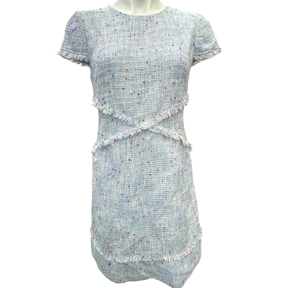 Eliza J Tweed Fringe A-Line Dress Women 6 Light Blue Cap Sleeve NWT EJ9M1553